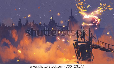 man in cloak holding magic torch against city with orange smoke, digital art style, illustration painting