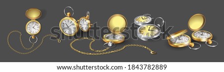 Set with realistic 3d models of gold, chrome and silver pocket watches. Collection of classic pocket Watches with chain Poster Design Template. Vector Illustration