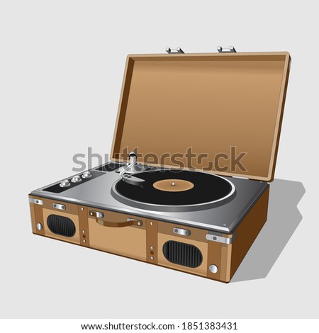 Vector neat accurate illustration of vintage turntable. Record player vinyl record. Realistic retro old turntable on white background. Isolated