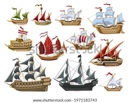 Pirate boats and Old different Wooden Ships with Fluttering Flags Vector Set Old shipping sails traditional vessel pirate symbols garish vector illustrations collection set ストックフォト © 