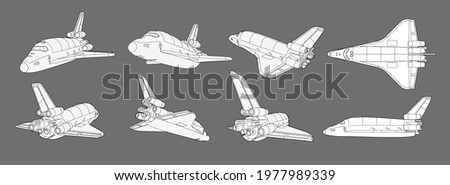 Vector set with spaceship, space shuttle. Collection with 3d views old spaceship, plane. Coloring page with 3d models. Isolated