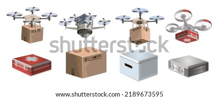 Flat Cardboard Carton Box and medicak kit Pack. 3D Pack Vector Isolated Box.Collection of delivery drones with boxes and medical kit. Set of drones vector illustration graphic design