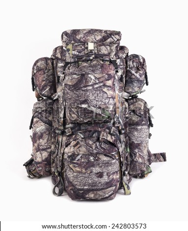 hiking backpack for hunters camouflage with side pockets on a white background.