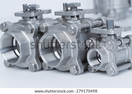 Group 3 valves, different sizes, ball valve with selective focus on thread fittings