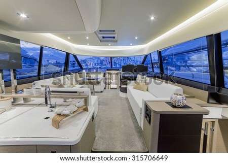 CANNES, FRANCE - SEPTEMBER 9th, 2015.  Luxurious interior of a modern yacht.  YACHTING FESTIVAL 2015, Cannes.