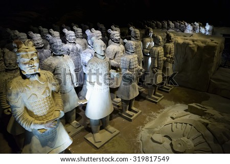 Prague, Czech Repoublic- 5 February 2015: The famous Chinese terracotta army figures are exhibited in Prague.The figures date back to 210 BC and belong to China\'s most important discoveries.