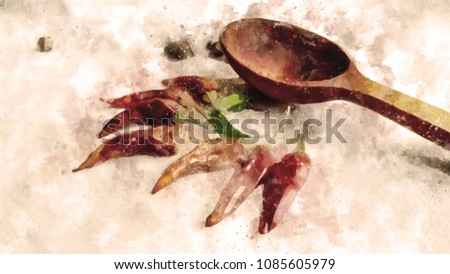 Horizontal illustration of the food ingredient - red chili pepper, greenery and wooden spoon decorated in watercolor style