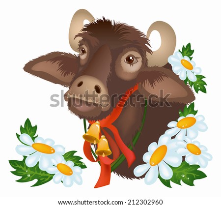 Illustration of brown horned bull with camomiles around isolated on the white background