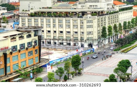 Saigon, Ho Chi Minh city, Vietnam, August 10, 2015 : 11th floor view of a front building, showing the future subway entry access, and the old part of the district which will be demolished and rebuilt.