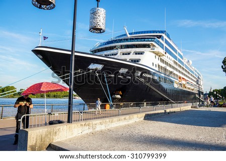 Bordeaux, France, August 28, 2015 : Bordeaux is European Best Destination in 2015, The Azamara Quest Deluxe Cruise ship docks directly at the landscaped seaport park in Bordeaux,\