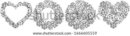 Vector isolated doodle dices, love heart and circle, monochrome, hand drawn style