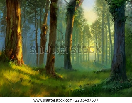Morning in the forest, morning in the woods. Watercolor paintings landscape, artwork. Fine art