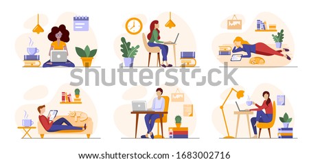Working freelance, learning or studying at home. Freelancers or students working online in laptops, tablets in a cosy atmosphere with books, plants. Self-employed people work in convenient conditions