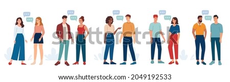 Happy people talking, gossiping and speaking. Set of friends meeting and having conversation. Multinational young people chatting with dialogue speech bubbles. Vector illustration isolated on white 