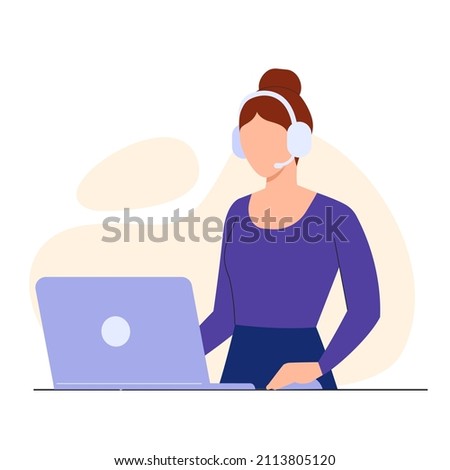 Girl at the reception. Hotline operator with headphones working in call center on laptop. Woman with headsets consult client. Customer service and global online technical support. Vector illustration