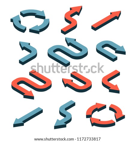 Set of Isometric 3d arrows in different directions with bends and curves.