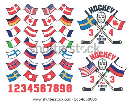 Hockey match score logo with national flag. World cup championship - retro scoreboard emblem. Vector illustration.