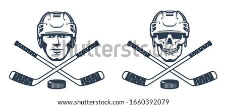 Hockey skull logo with crossed sticks. Ice hockey player in helmet - retro abstract emblem. Vector illustration.