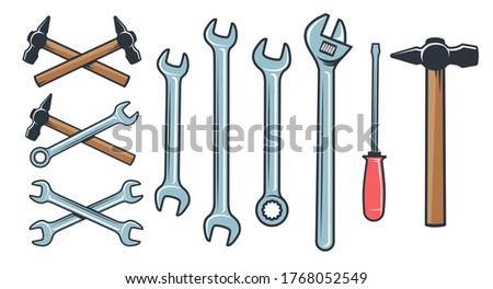 Mechanical tools hardware - spanner wrench screwdriver. Hammer retro style. Crossed spanner icon. Vector illustration.