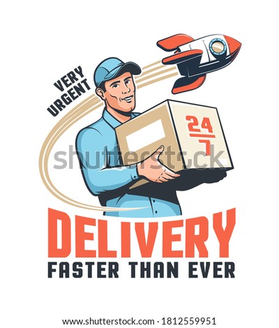 Delivery service retro logo with courier holding parcel and rocket. Delivery man with box. Vector illustration.