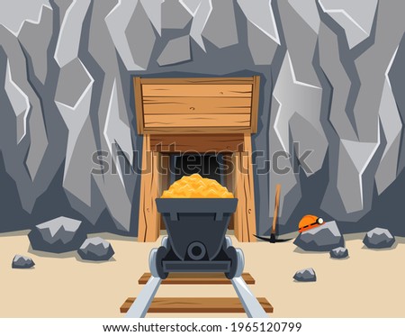 Entrance to gold mine with minecart full of gold on the rails. Rock with mine. Vector illustration.