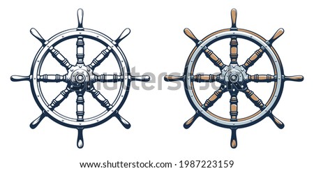 Ship rudder vintage style. Ship wheel marine vector illustration.