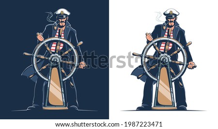 Captain of the ship. Sailor in captain uniform at the helm of the ship. Vector illustration.