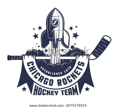 Hockey logo with stick and rocket. Chicago Rockets hockey team template. Vector illustration.