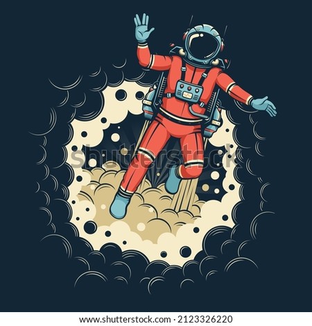 Astronaut in spacesuit with jetpack flies out of black hole - vector image. Astronaut in retro style with Vulcan salute.