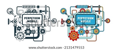 Device from various mechanical parts with frame for text. Steampunk machine with gears, pipes and screen for text. Perpetual motion machine. Vector image Foto d'archivio © 