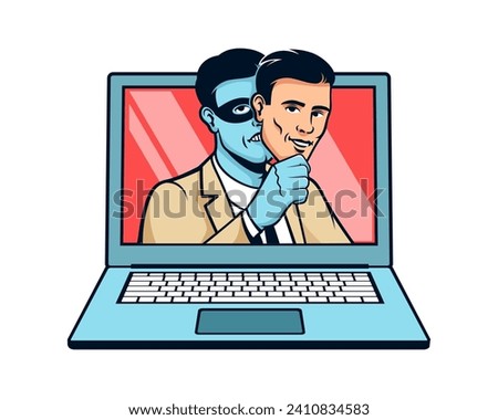 Fake profile on social networks. Social engineering. Laptop with a fake profile. Hacker in mask. Vector illustration.