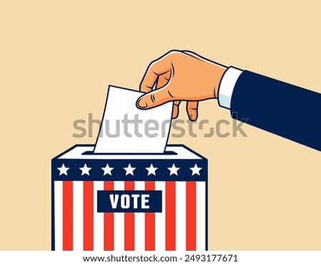 Hand placing a ballot into a voting box decorated with the United States flag pattern. Symbolizing Elections in the USA. Retro style animation with alpha channel.