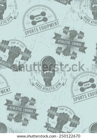 Seamless pattern of athletic sports logos. Grunge background for fitness, gym, an athletic club.