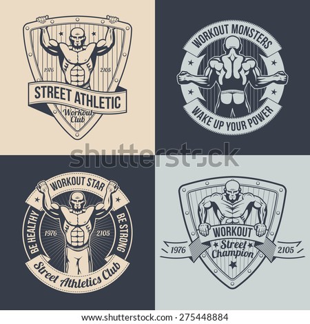 Logos street workout athletic club. Posters with a muscular man. Pullups a man on the logo. Gym logos in retro style. Text can be replaced.