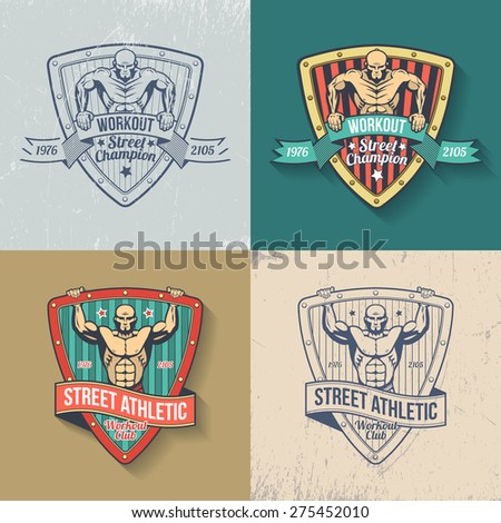 Retro emblem of athletic club in color and monochrome versions. Logos gym, fitness club, street workout club. Muscular man on emblem in old-school style. Scratches on separate layer - easy to remove.