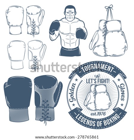 Boxing gloves, boxer, boxing logos. Boxing attributes  in retro style. Hanging boxing gloves.