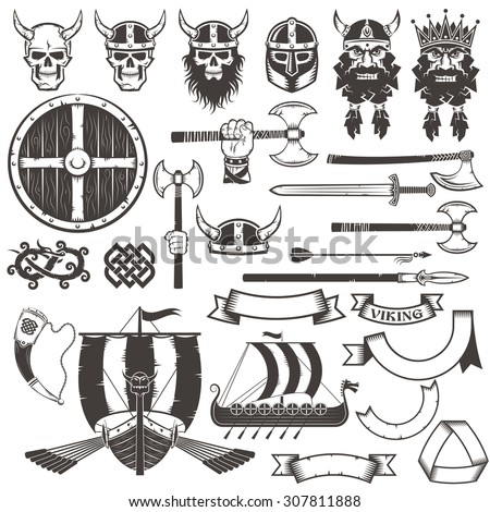 Set Viking Items. Skull, Horned Helmet, Face Of Warrior, Shield, Ax ...