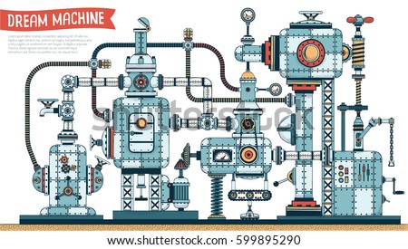 Dream machine with cables, pipes, parts, aggregates, mechanisms. A complex metal engineering device. Vector illustration. Shadow can be disable.