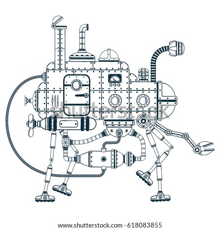 Fantastic steampunk self-propelled machine with four legs. Vector monochrome illustration.