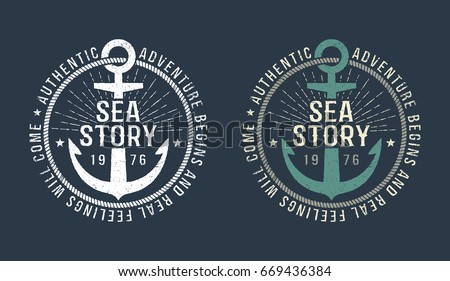 Marine round retro emblem in hipster style with anchor and inscriptions. Monochrome and color versions on a dark background. Worn texture on a separate layer and can be disabled.