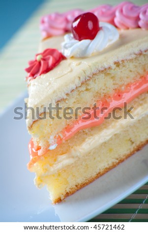 A birthday cake with strawberry and lemon cream with cherries on top