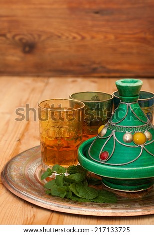 Tagine and Moroccan tea with mint on a metal tray