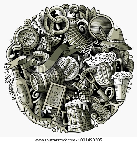 Cartoon vector doodles Beer fest illustration. Monochrome, detailed, with lots of objects background. All objects separate. Toned Oktoberfest funny round picture