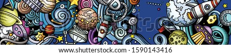 Space hand drawn doodle banner. Cartoon detailed illustrations. Cosmic identity with objects and symbols. Color vector design elements background