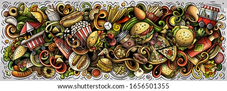 Fastfood hand drawn cartoon doodles illustration. Fast food funny objects and elements poster design. Creative art background. Colorful vector banner