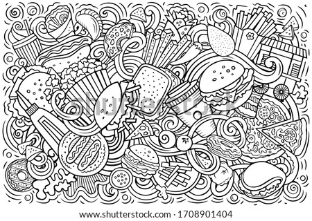 Fastfood hand drawn cartoon doodles illustration. Fast food funny objects and elements poster design. Creative art background. Sketch vector banner