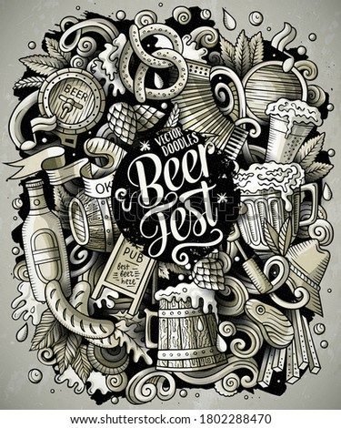 Cartoon vector doodles Beer fest illustration. Monochrome, detailed, with lots of objects background. All objects separate. Bright colors Oktoberfest funny picture