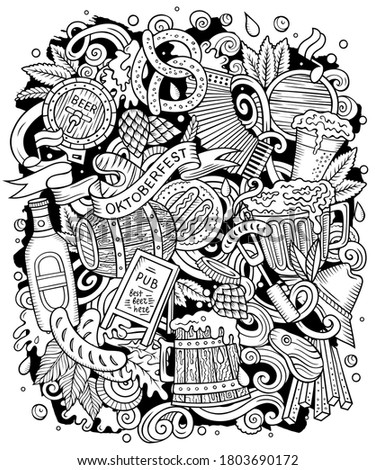 Cartoon vector doodles Beer fest illustration. Line art, detailed, with lots of objects background. All objects separate. Sketchy Oktoberfest funny picture