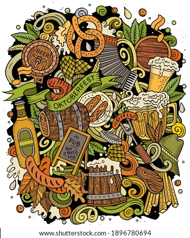 Cartoon vector doodles Beer fest illustration. Colorful, detailed, with lots of objects background. All objects separate. Bright colors Oktoberfest funny picture