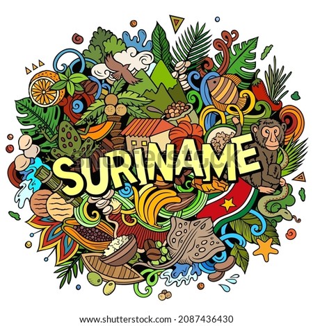 Suriname hand drawn cartoon doodle illustration. Funny local design. Creative vector background. Handwritten text with Latin American elements and objects. Colorful composition